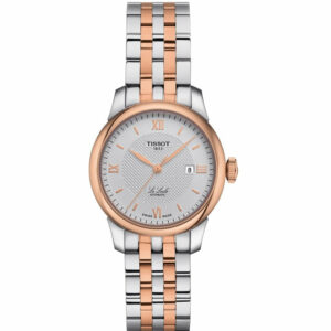 Tissot Le Locle Automatic Lady Stainless Steel Rose Gold PVD coating Case Silver Dial Grey, Rose Gold 5N Strap in addition to Wesselton diamonds and MOP dials  Women's Watch T0062072203800