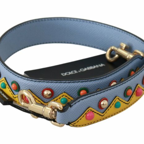 Dolce & Gabbana Blue Leather Bag Strap with Multicolor Zigzag Pattern and Gold-Toned Hardware