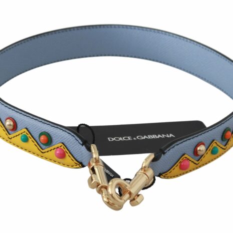Dolce & Gabbana Blue Leather Bag Strap with Multicolor Zigzag Pattern and Gold-Toned Hardware