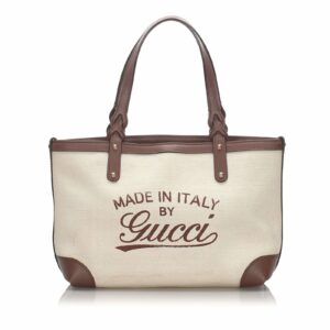 New Gucci Brown Beige Canvas Fabric Craft Tote Bag Italy