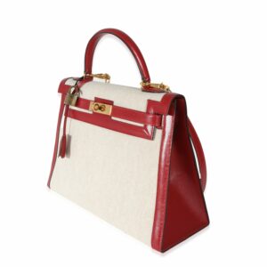 Hermes Kelly 32 Vintage Rouge Box Natural Toile Sellier