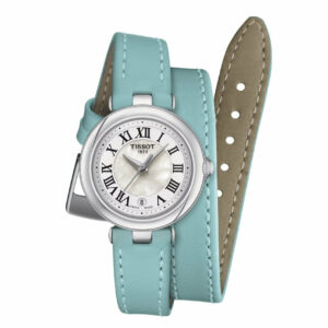 Tissot Bellissima Small Lady-M Double Tour Strap Stainless Steel Case White Mother-of-Pearl Dial Light Blue Strap Lady Watch T1260101611301