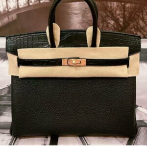 Hermes Birkin 25 Black Matte Alligator and Togo Touch Rose Gold Hardware