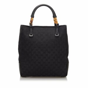 New Gucci Black Canvas Fabric GG Bamboo Tote Bag Italy