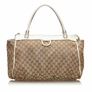 New Gucci Brown Beige Canvas Fabric GG Abbey-D Ring Tote Bag Italy