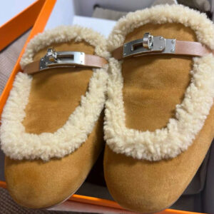 Hermes Oz Mule in Suede Natural Shearling Silver Kelly Buckle Size 38