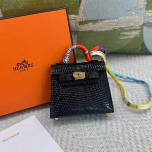 HERMES MICRO KELLY TWILLY BAG CHARM BLACK LIZARD GOLD HARDWARE