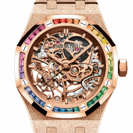 Audemars Piguet Royal Oak Frosted Gold Double Balance Wheel Openworked Rose Gold 37mm Rainbow Sapphire Watch 15468OR.YG.1259OR.01-B