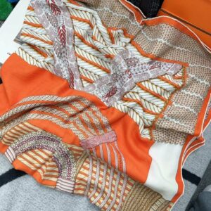 Hermes Scarf Cashmere 140 “Dressage Tressage” Orange/White/Beige