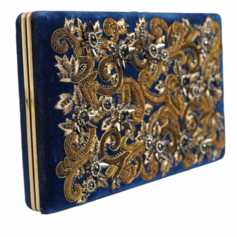 Dolce & Gabbana Blue Velvet Embellished Clutch Bag Women's Embroidered Beadwork Evening Clutch Luxury Beaded Clutch Bag Navy Blue Velvet
