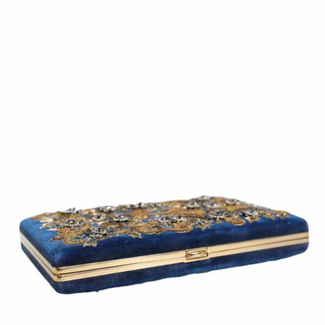 Dolce & Gabbana Blue Velvet Embellished Clutch Bag Women's Embroidered Beadwork Evening Clutch Luxury Beaded Clutch Bag Navy Blue Velvet