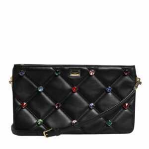 Dolce & Gabbana Leather Crystal Embellished Logo Shoulder Bag ONE SIZE Black