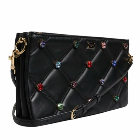 Dolce & Gabbana Leather Crystal Embellished Logo Shoulder Bag