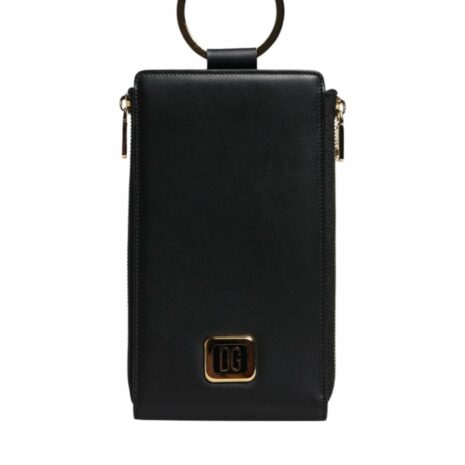 Dolce & Gabbana Leather Logo Plaque Neck Strap Card Coin Wallet with Zipper Closure ONE SIZE Black