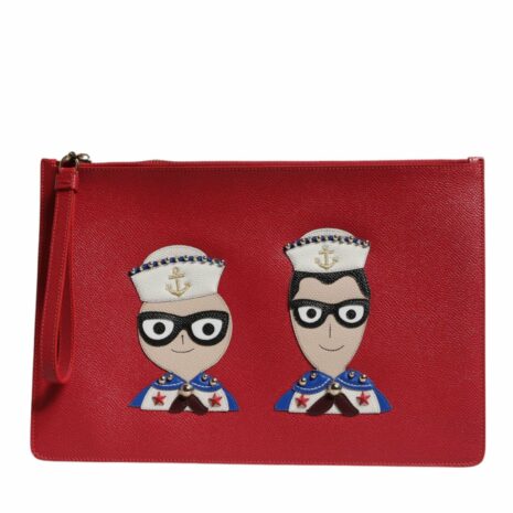 Dolce & Gabbana Sailor Applique Leather Clutch Women Red Clutch Bags ONE SIZE Red