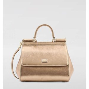 Dolce & Gabbana Sicily Metallic Leather Top Handle Bag Women Gold Clutch Bags ONE SIZE Gold