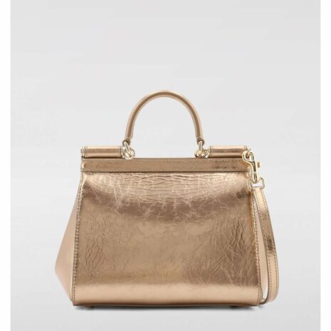 Dolce & Gabbana Sicily Metallic Leather Top Handle Bag Women Gold Clutch Bags