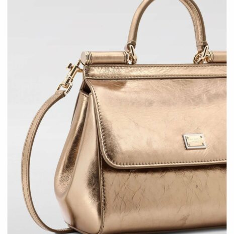 Dolce & Gabbana Sicily Metallic Leather Top Handle Bag Women Gold Clutch Bags