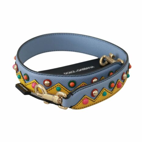 Dolce & Gabbana Blue Leather Bag Strap with Multicolor Zigzag Pattern and Gold-Toned Hardware