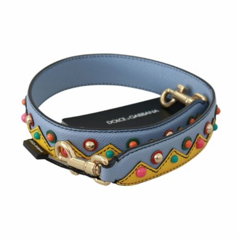 Dolce & Gabbana Blue Leather Bag Strap with Multicolor Zigzag Pattern and Gold-Toned Hardware