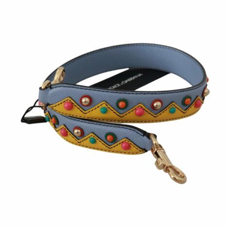 Dolce & Gabbana Blue Leather Bag Strap with Multicolor Zigzag Pattern and Gold-Toned Hardware