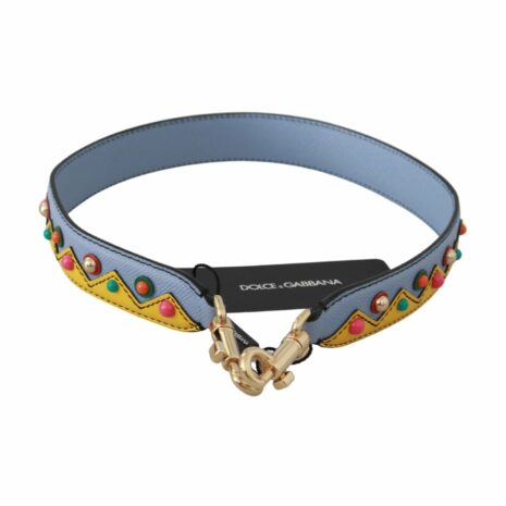 Dolce & Gabbana Blue Leather Bag Strap with Multicolor Zigzag Pattern and Gold-Toned Hardware