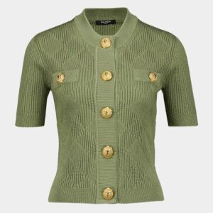Olive Green Gingham Button-Up Short-Sleeved Cardigan