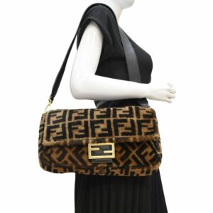 FENDI Baguette Medium FF Shearling Sheepskin Shoulder Bag Brown