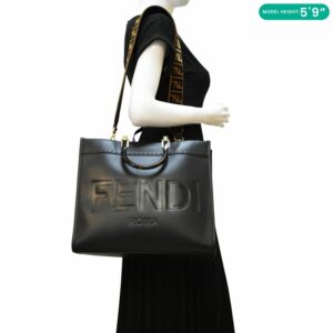 FENDI Sunshine Plexiglass Medium Leather Shopper Tote Bag Black