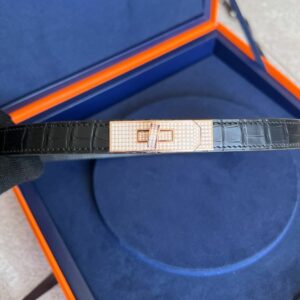 Hermes Rose Gold Diamond Matte Alligator Kelly Belt Black
