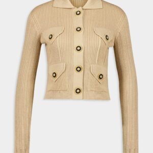Beige Cropped Ribbed Knit Cardigan