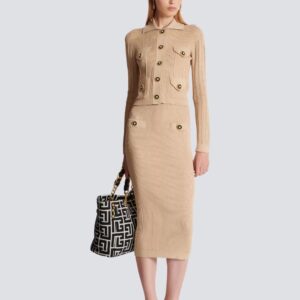 Beige Ribbed Knit Midi Skirt