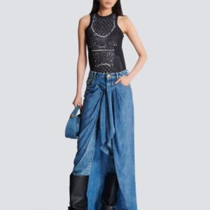 Blue Denim Jeans with Draped Skirt