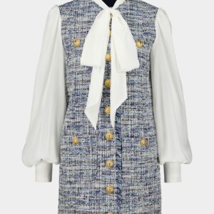 Blue Tweed Dress with Bow Detail