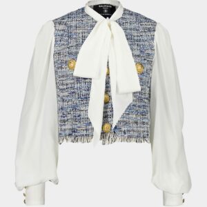 Blue Tweed & Crepe Cropped Jacket