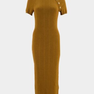 Camel Button-Embellished Midi Dress