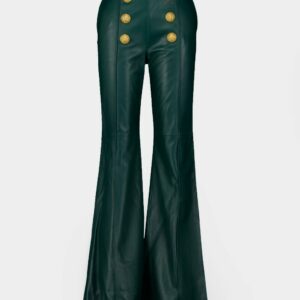 Button-Embellished Leather Flared Trousers