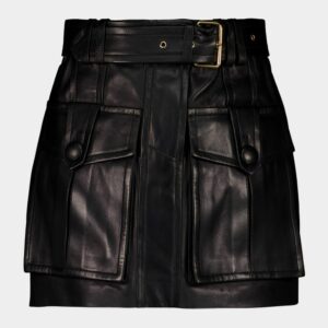 Black Belted Lambskin Mini Skirt