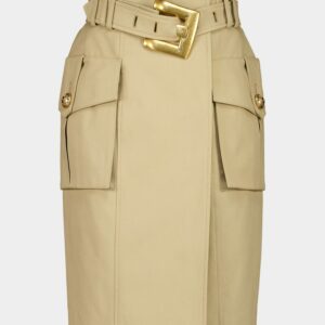 Beige Cotton Gabardine Midi Skirt