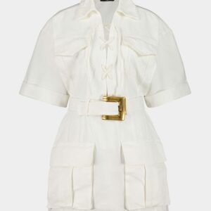 White Short Lace-Up Canvas Dress
