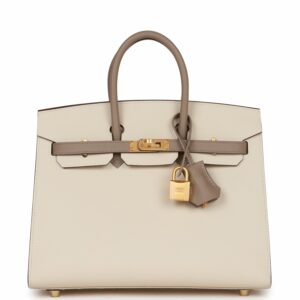 Hermes Birkin 25 Sellier Craie and Gris Asphalte Epsom Brushed Gold Hardware