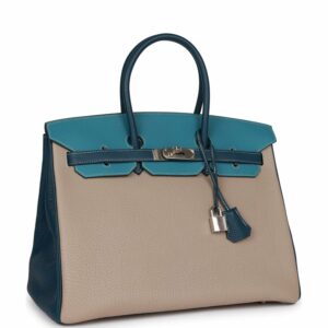 Hermes Birkin 35 Tricolor Gris Tourterelle, Bleu Jean, and Bleu de Malte Clemence Palladium Hardware