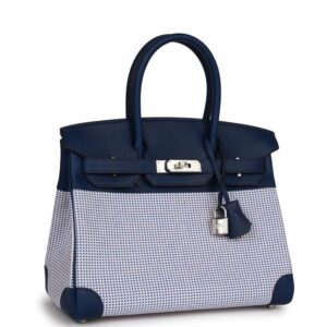 Hermes Quadrille Birkin 30 Bleu Saphir Swift and Ecru Mauve Toile Palladium Hardware