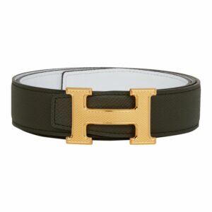 Hermes 32mm Reversible Vert de Gris/White Constance H Belt 85cm Guilloche Gold Buckle
