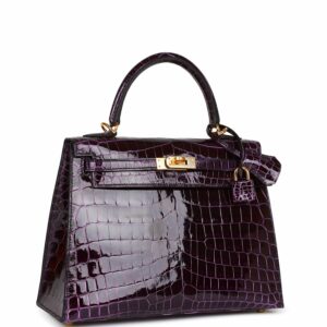 Hermes Kelly 25 Sellier Aubergine Shiny Niloticus Crocodile Gold Hardware
