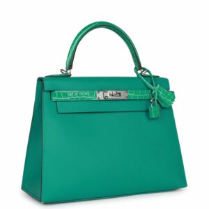 Hermes Kelly 28 Sellier Vert Verone Madame and Shiny Niloticus Crocodile Touch Palladium Hardware