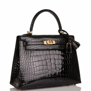 Hermes Kelly 25 Sellier Black Shiny Alligator Gold Hardware