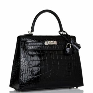 Hermes Kelly 25 Sellier Black Shiny Alligator Palladium Hardware
