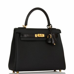 Hermes Kelly 25 Retourne Black Togo and Lizard Touch Gold Hardware