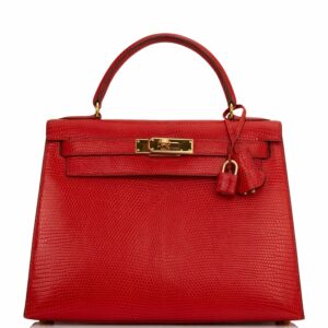 Hermes Kelly 28 Sellier Rouge Vif Lizard Niloticus Gold Hardware